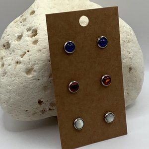NEW Earrings 3 Pairs Gemstone Stud Stainless Steel Agate Amber Mother of Pearl